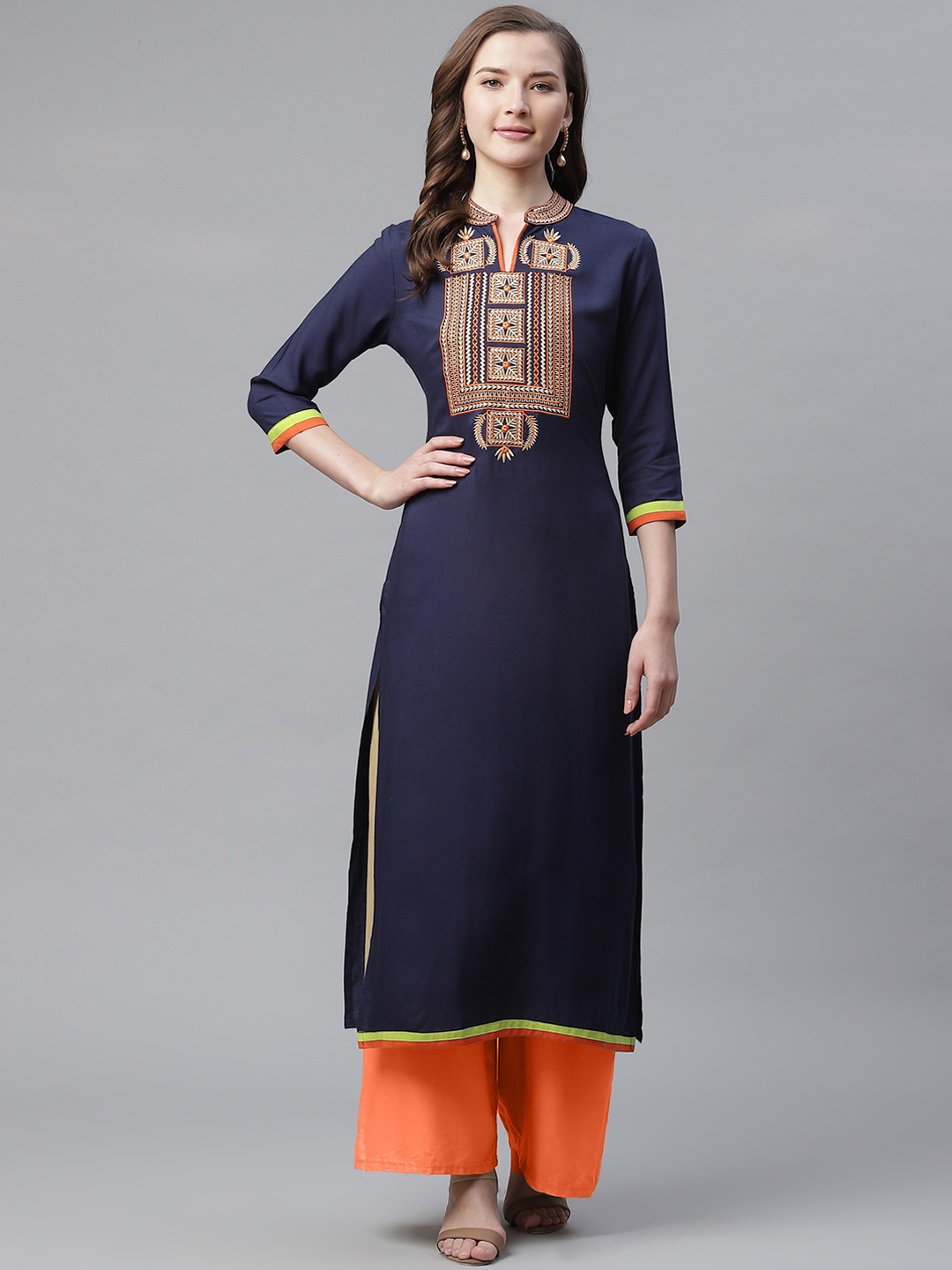 

Aprique FAB Women Navy Blue & Orange Yoke Design Embroidered Straight Kurta