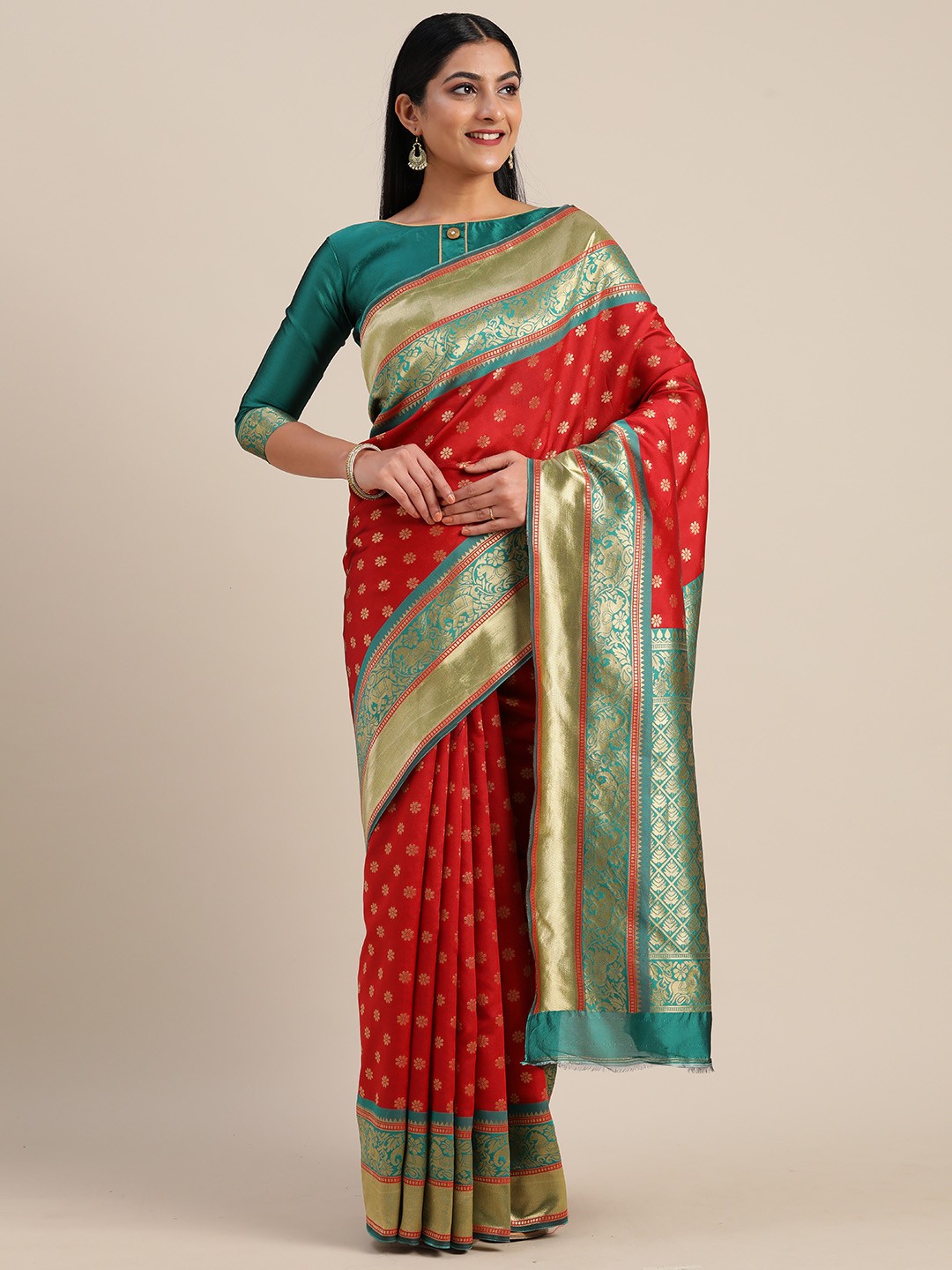 

Mitera Red & Green Silk Blend Woven Design Kanjeevaram Saree