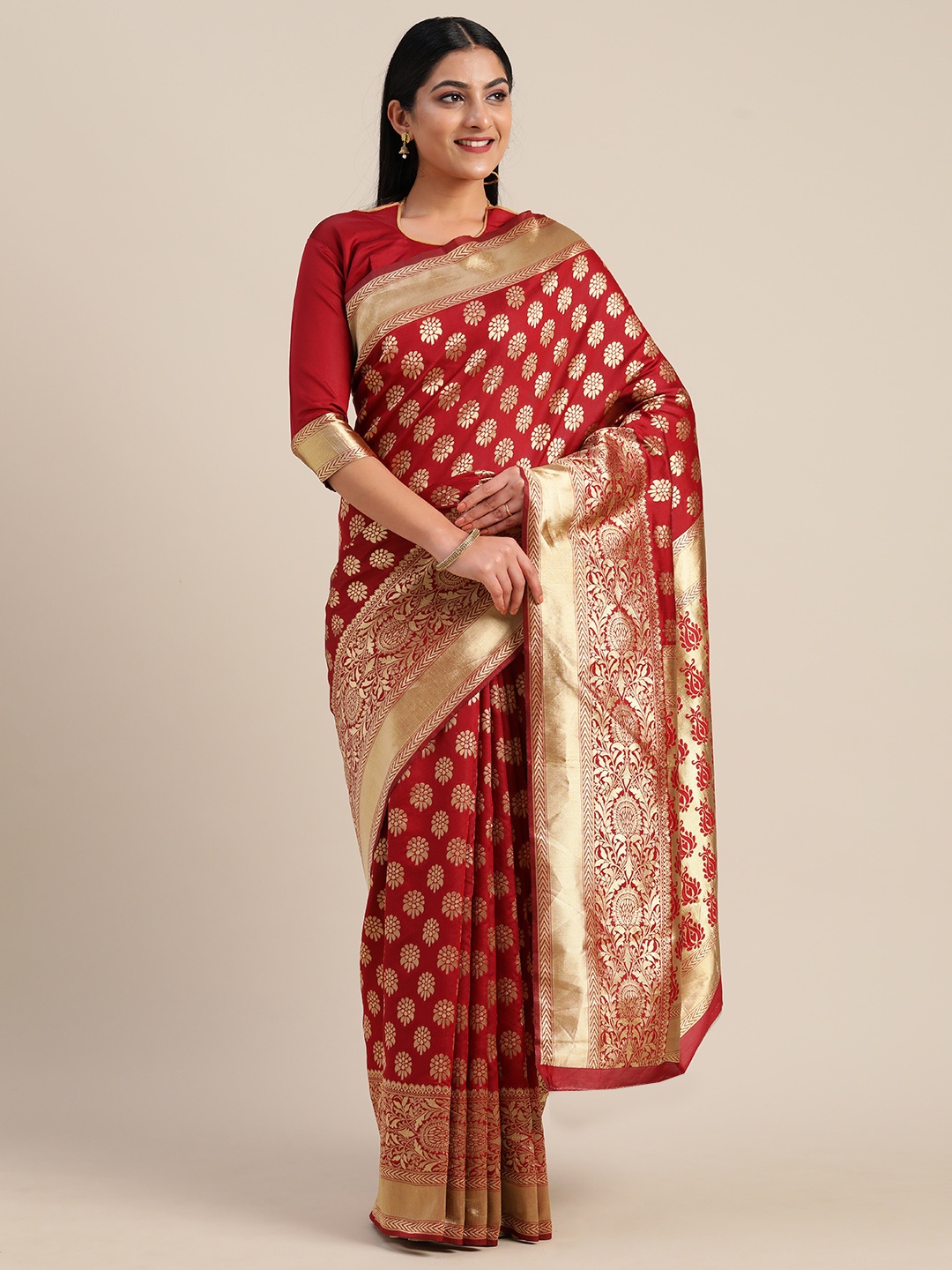 

Mitera Red & Golden Silk Blend Woven Design Kanjeevaram Saree