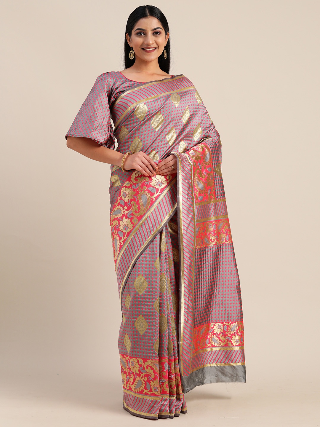 

Mitera Pink & Gold-Coloured Silk Blend Woven Design Kanjeevaram Saree