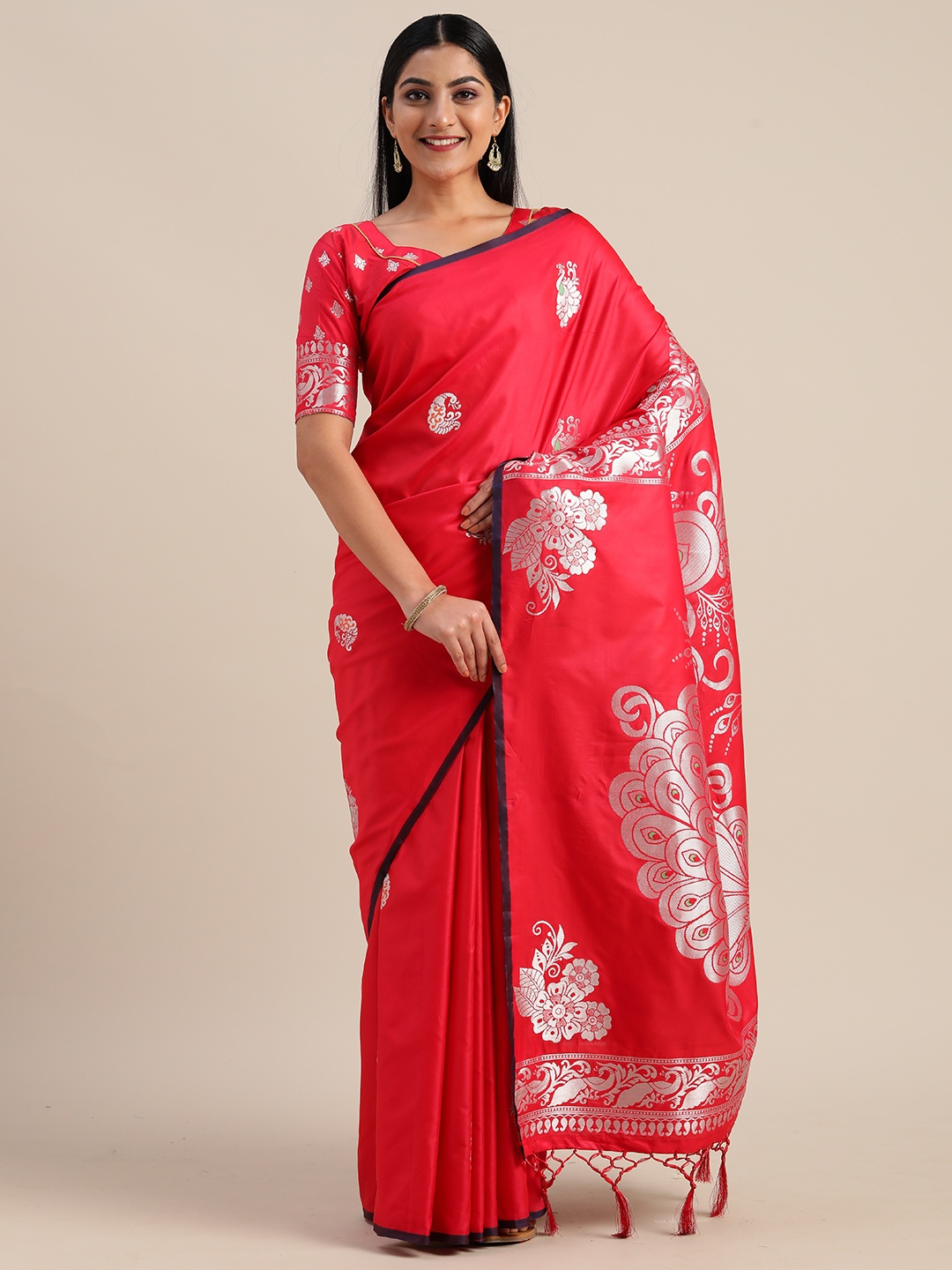 

Mitera Red & Silver-Toned Silk Blend Woven Design Saree