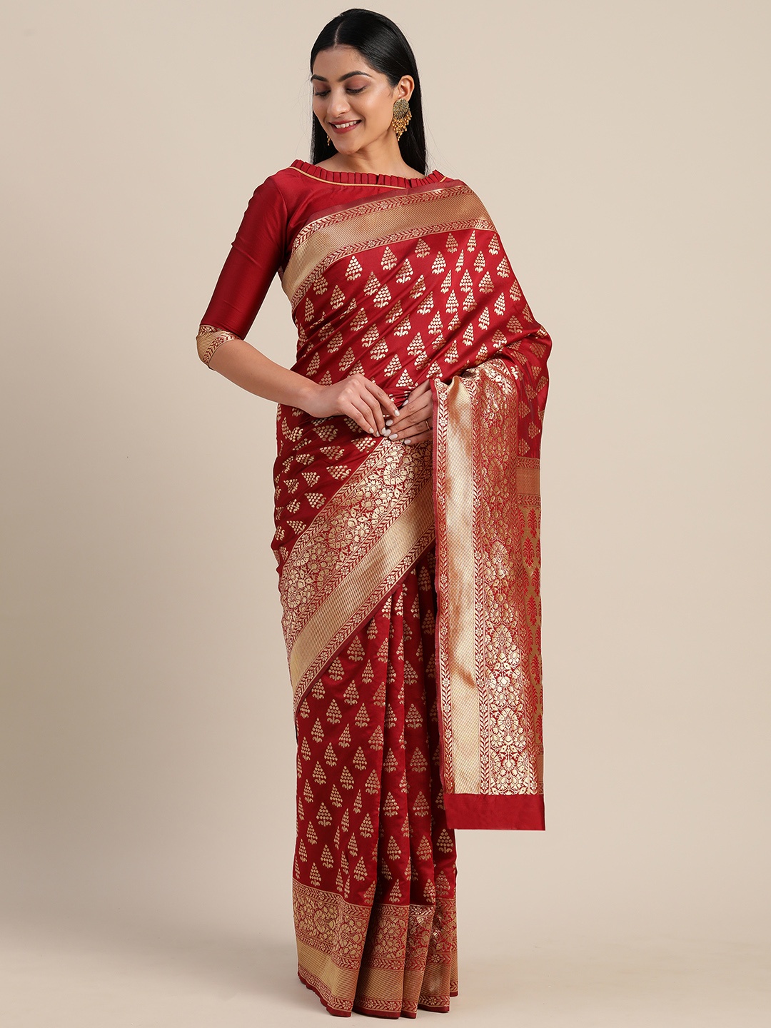 

Mitera Maroon & Golden Silk Blend Woven Design Kanjeevaram Saree