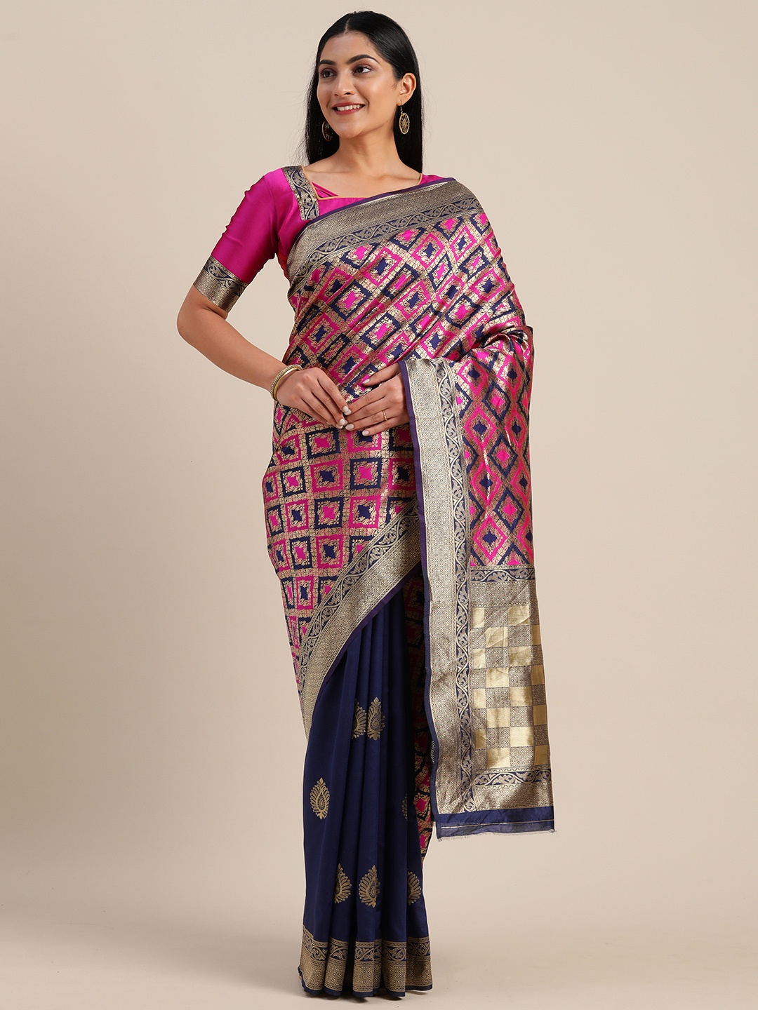 

Mitera Navy Blue & Pink Silk Blend Woven Design Kanjeevaram Saree