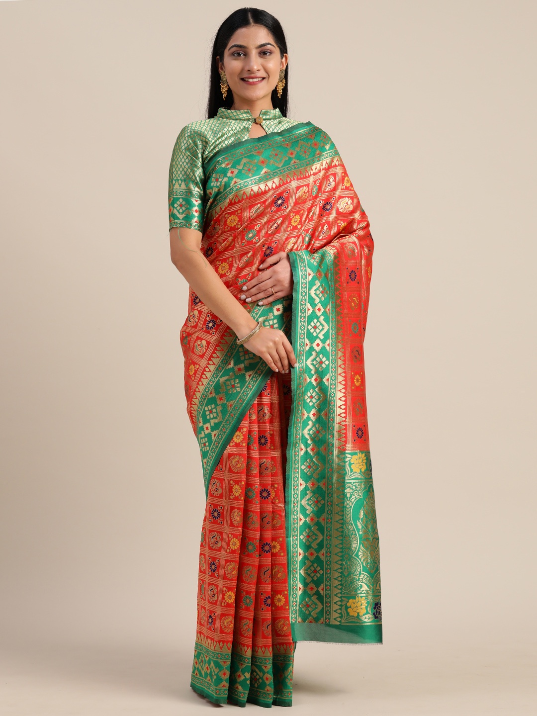

Mitera Red & Green Silk Blend Woven Design Kanjeevaram Saree