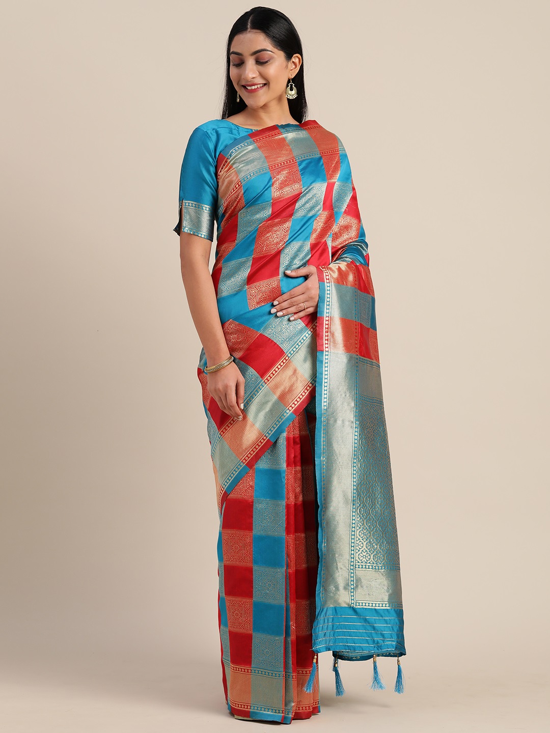 

Mitera Turquoise Blue & Red Silk Blend Woven Design Kanjeevaram Saree