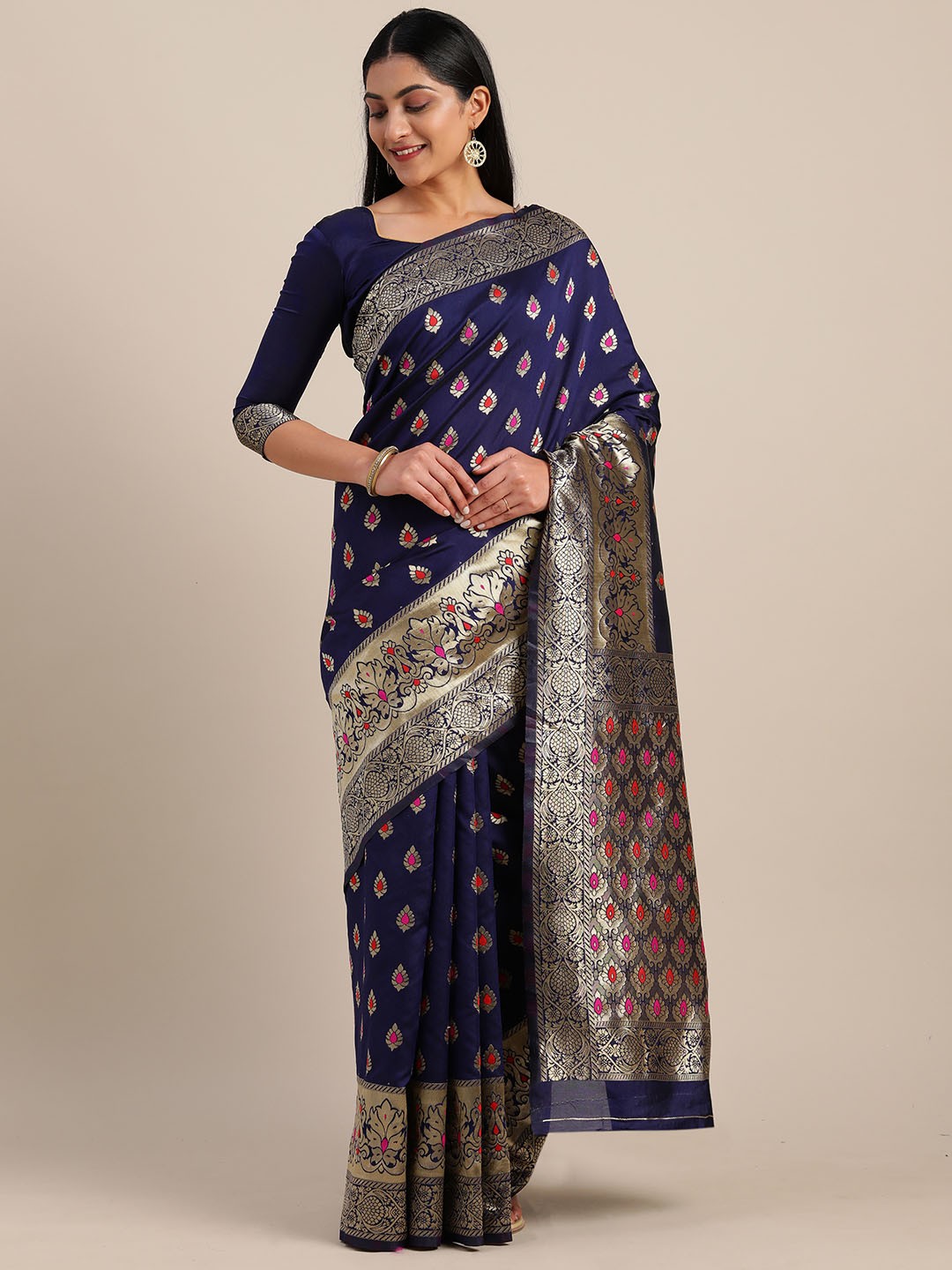 

Mitera Navy Blue & Pink Silk Blend Woven Design Kanjeevaram Saree