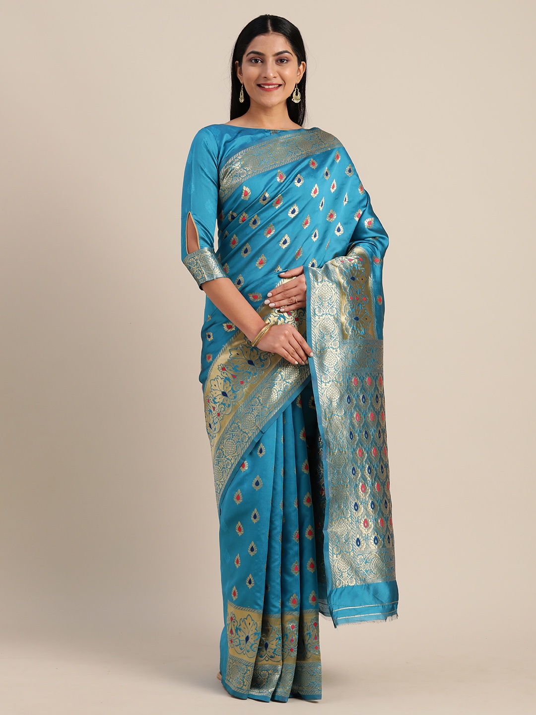 

Mitera Turquoise Blue Silk Blend Woven Design Kanjeevaram Saree