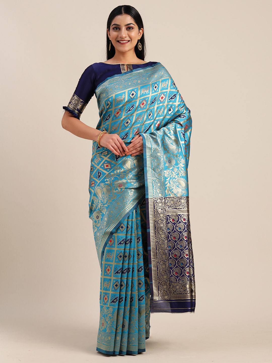 

Mitera Turquoise Blue & Gold-Toned Silk Blend Woven Design Kanjeevaram Saree