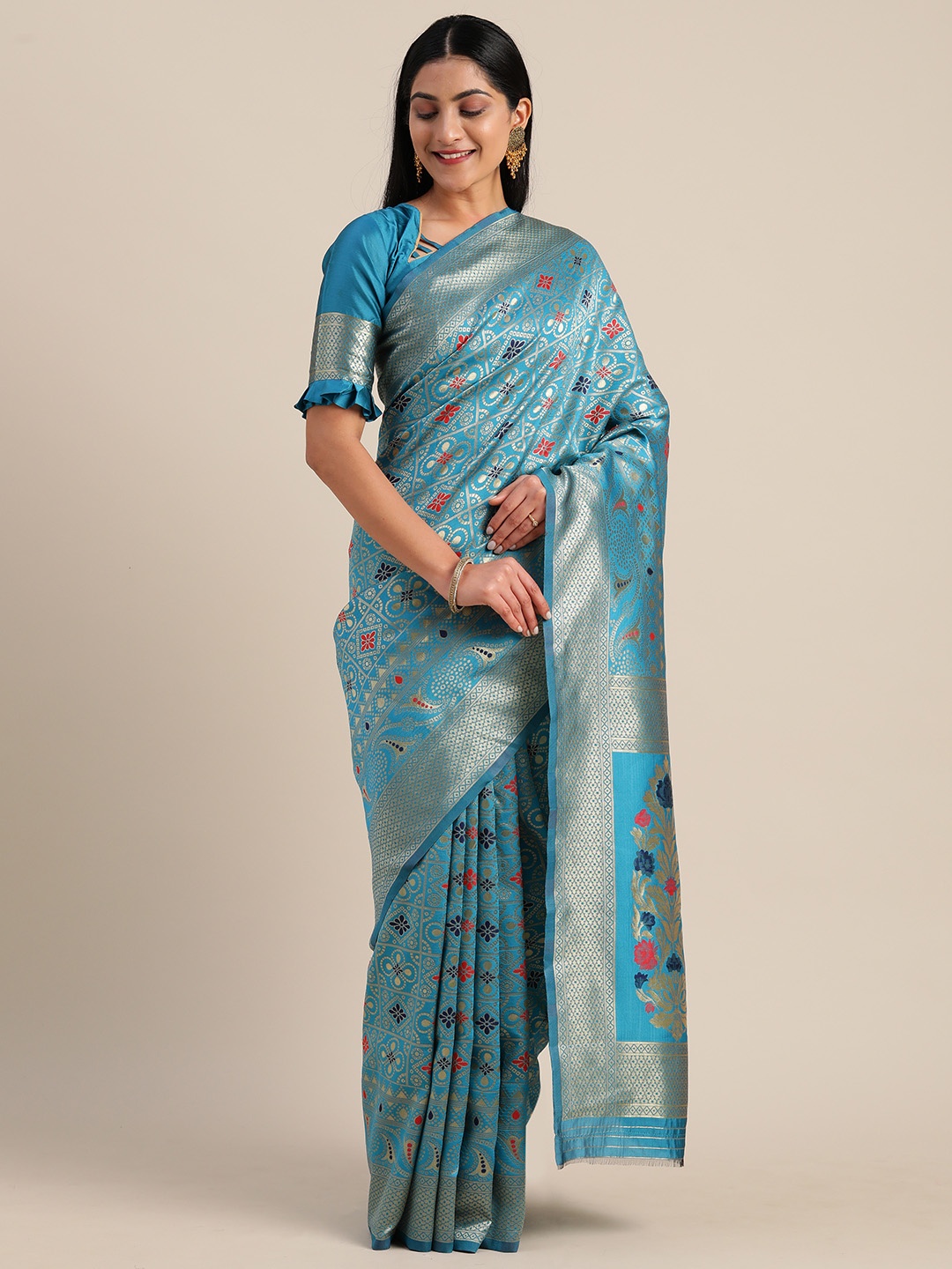

Mitera Teal Blue & Silver-Toned Silk Blend Woven Design Kanjeevaram Saree