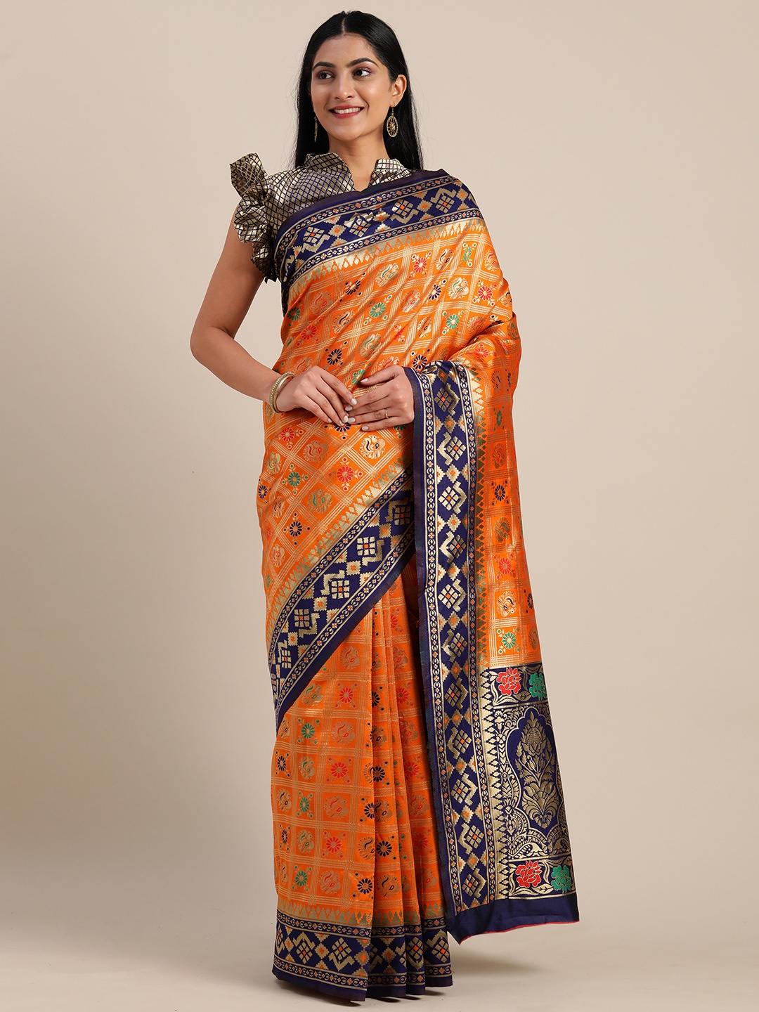 

Mitera Orange & Gold-Toned Silk Blend Woven Design Kanjeevaram Saree