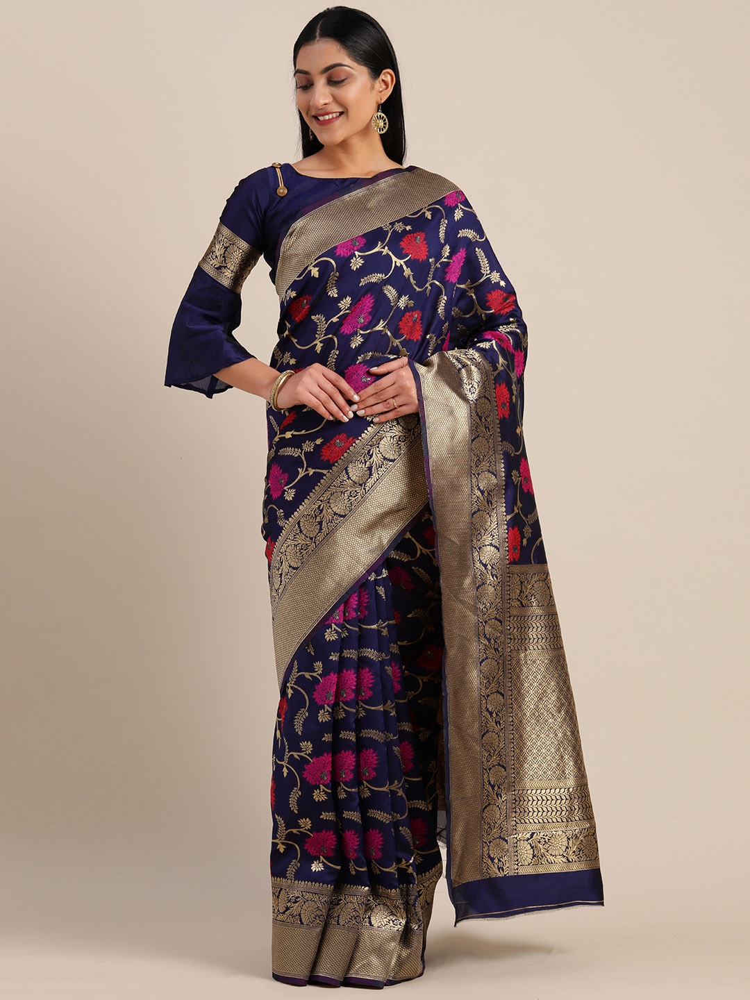 

Mitera Navy Blue & Pink Silk Blend Woven Design Kanjeevaram Saree