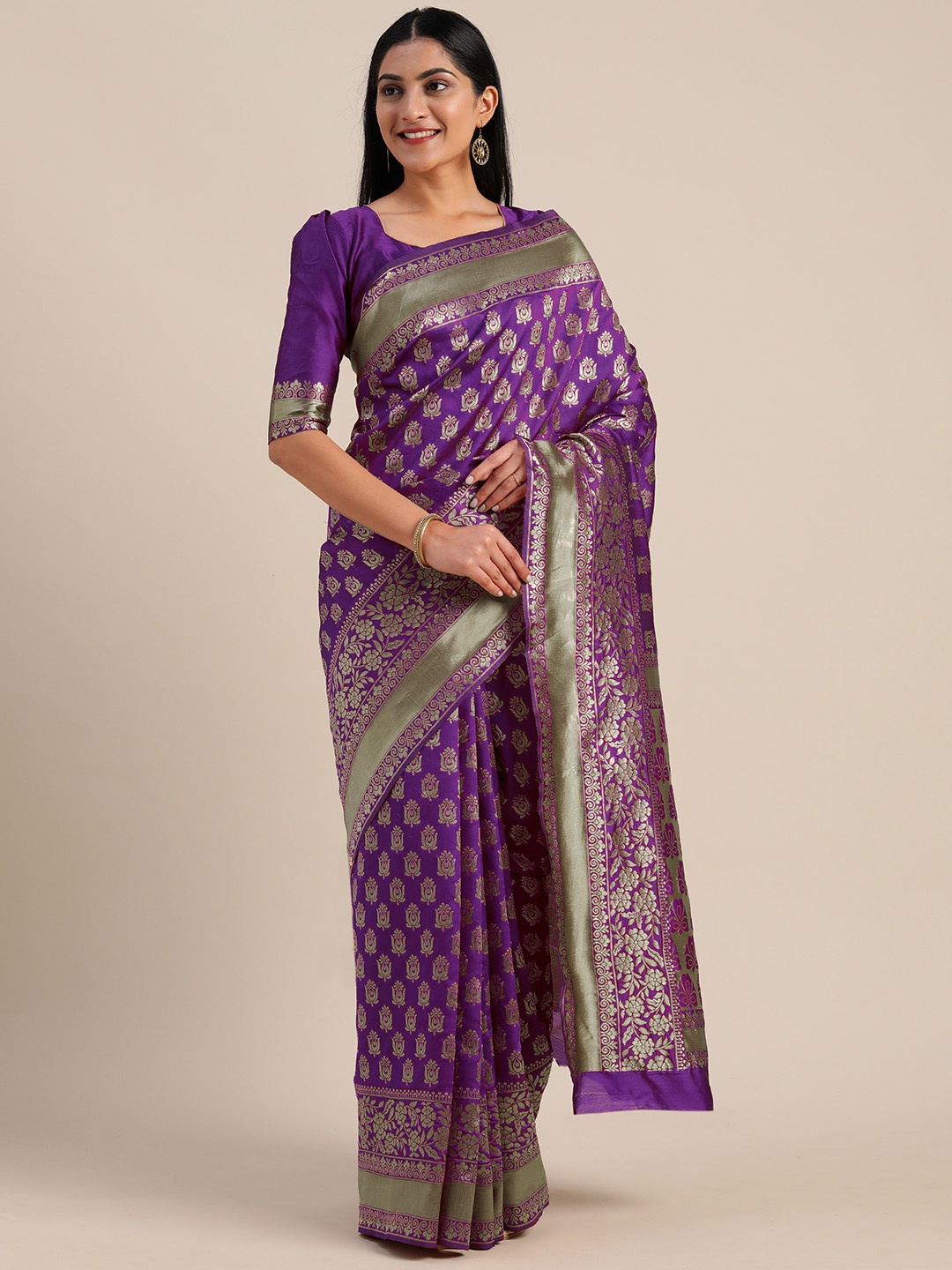 

Mitera Maroon & Gold-Toned Silk Blend Woven Design Kanjeevaram Saree