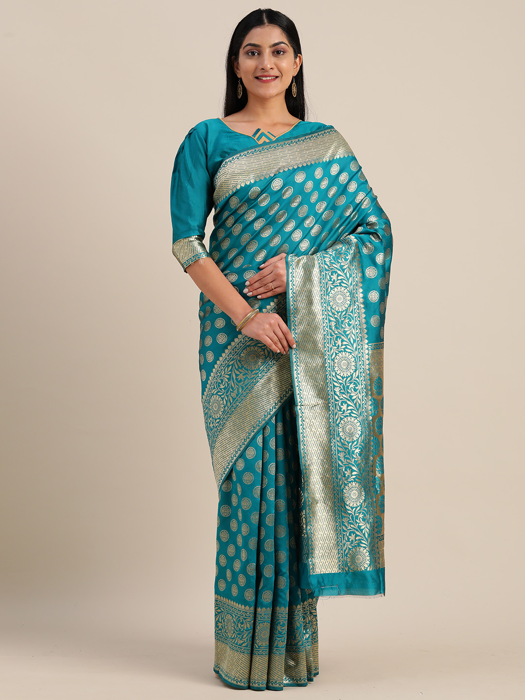 

Mitera Teal & Gold-Toned Silk Blend Woven Design Kanjeevaram Saree