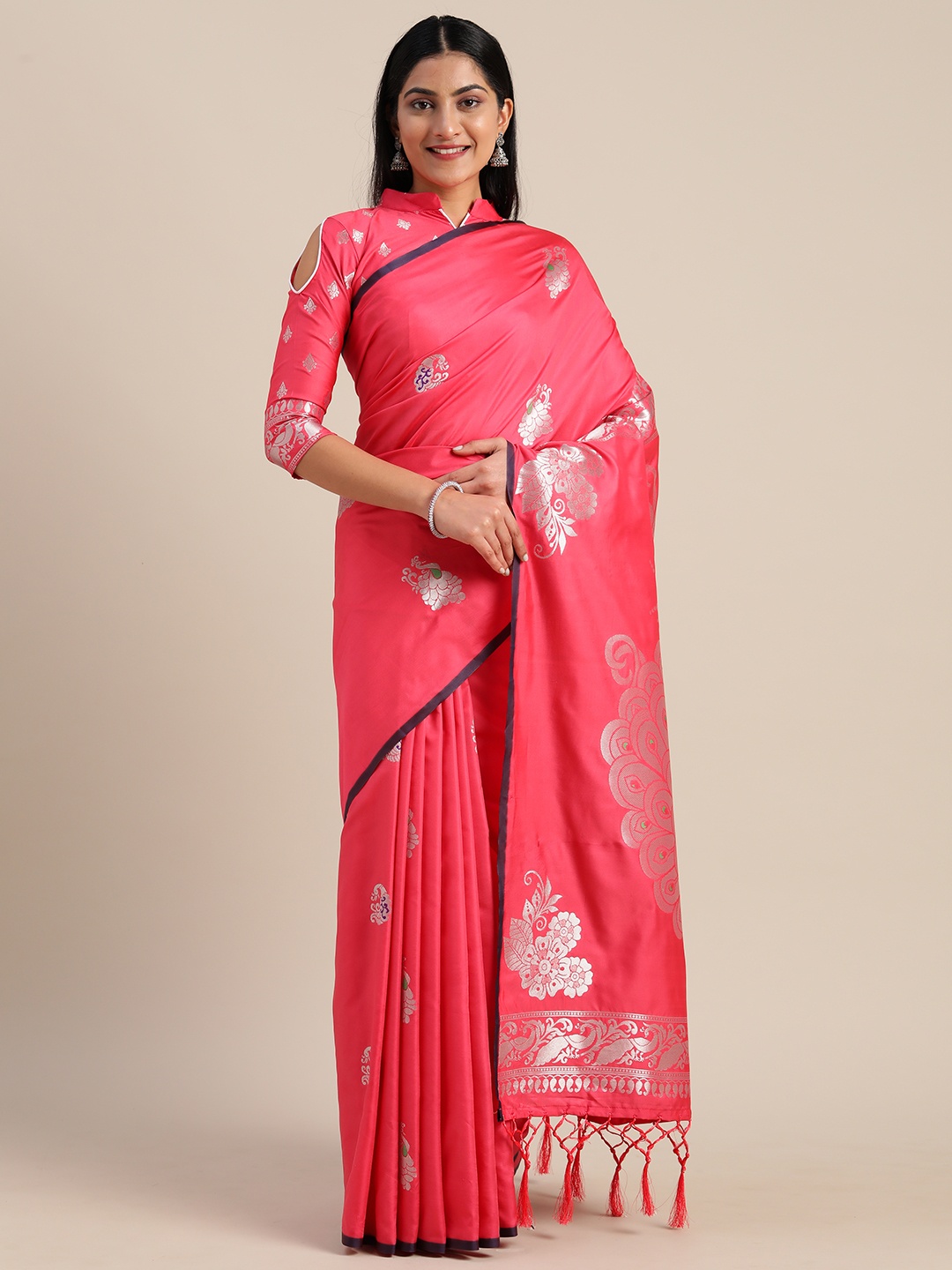 

Mitera Pink & Silver-Toned Silk Blend Woven Design Kanjeevaram Saree