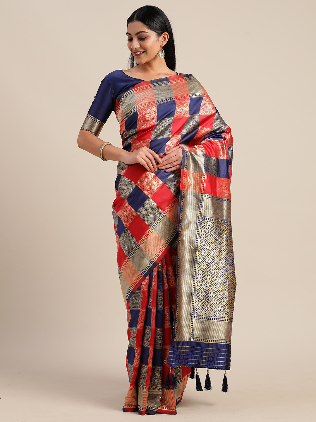 

Mitera Red & Navy Blue Silk Blend Woven Design Kanjeevaram Saree