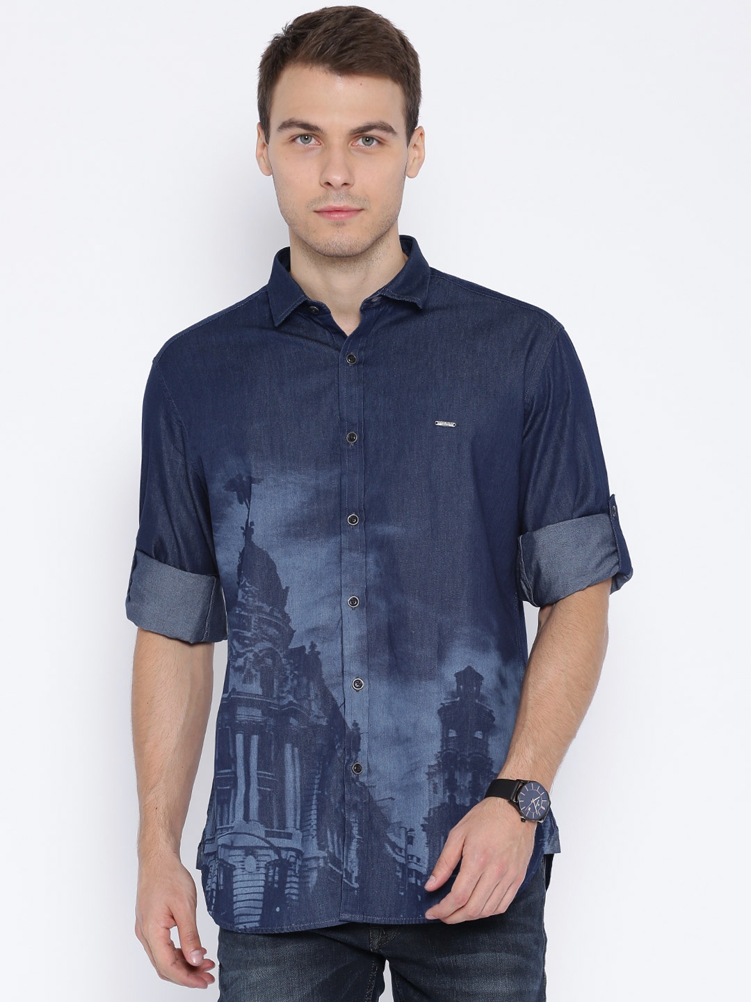 

V Dot by Van Heusen Navy Printed Slim Fit Denim Casual Shirt, Navy blue