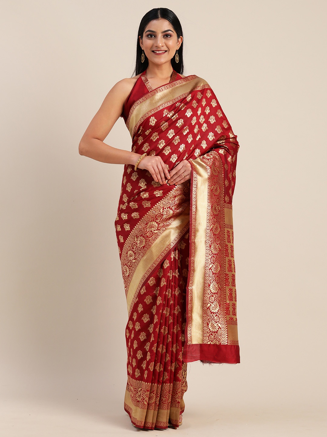 

Mitera Maroon & Gold-Toned Silk Blend Woven Design Kanjeevaram Saree