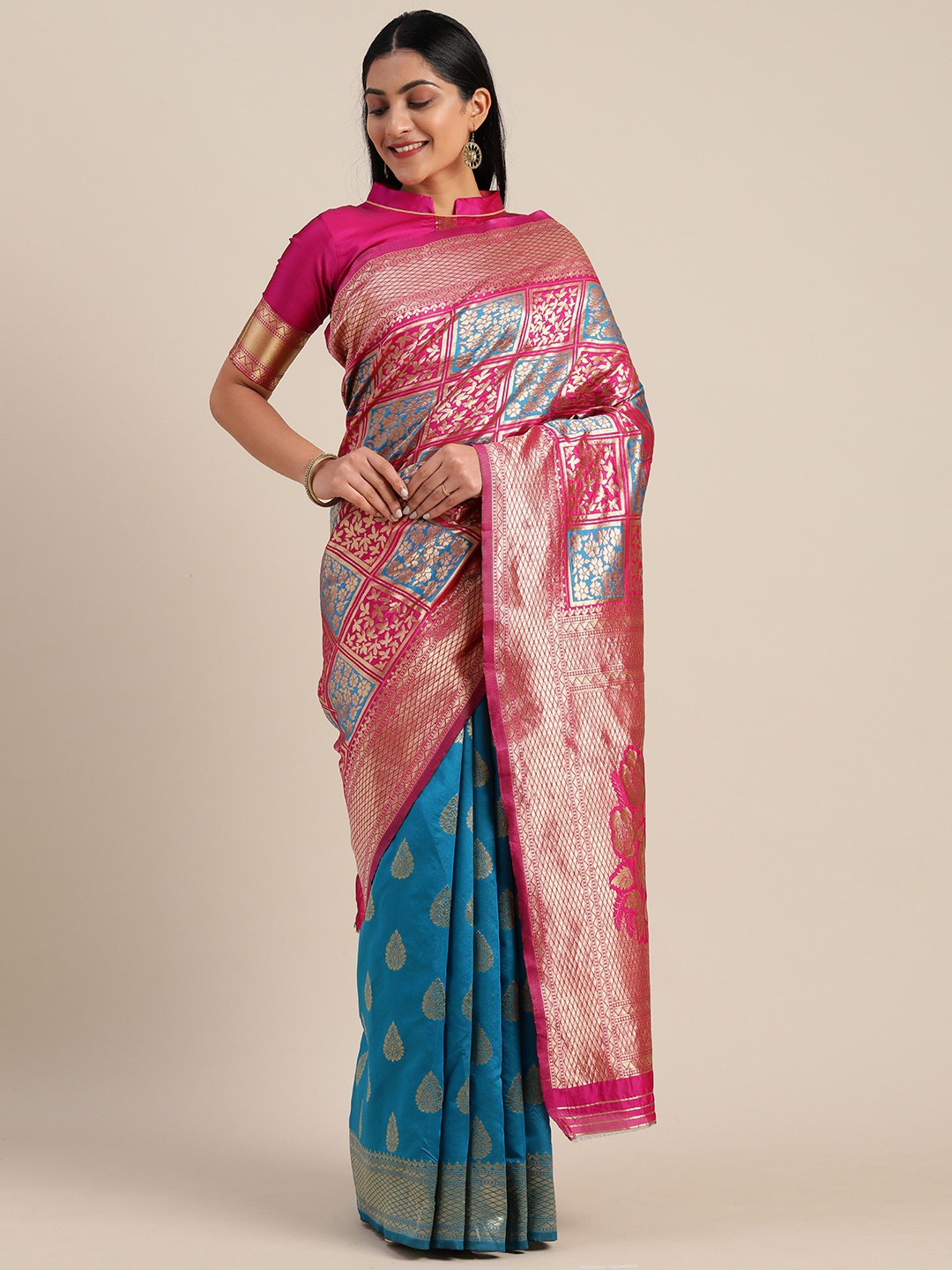 

Mitera Turquoise Blue & Pink Silk Blend Woven Design Kanjeevaram Saree