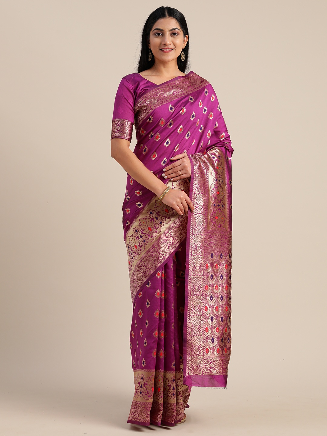 

Mitera Purple & Gold-Toned Silk Blend Woven Design Kanjeevaram Saree