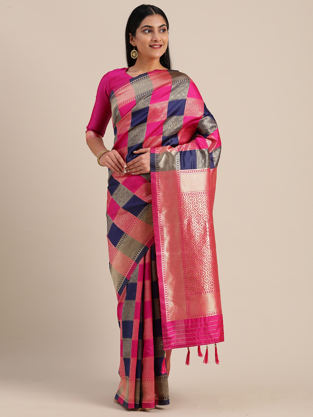 

Mitera Pink & Navy Blue Silk Blend Woven Design Kanjeevaram Saree