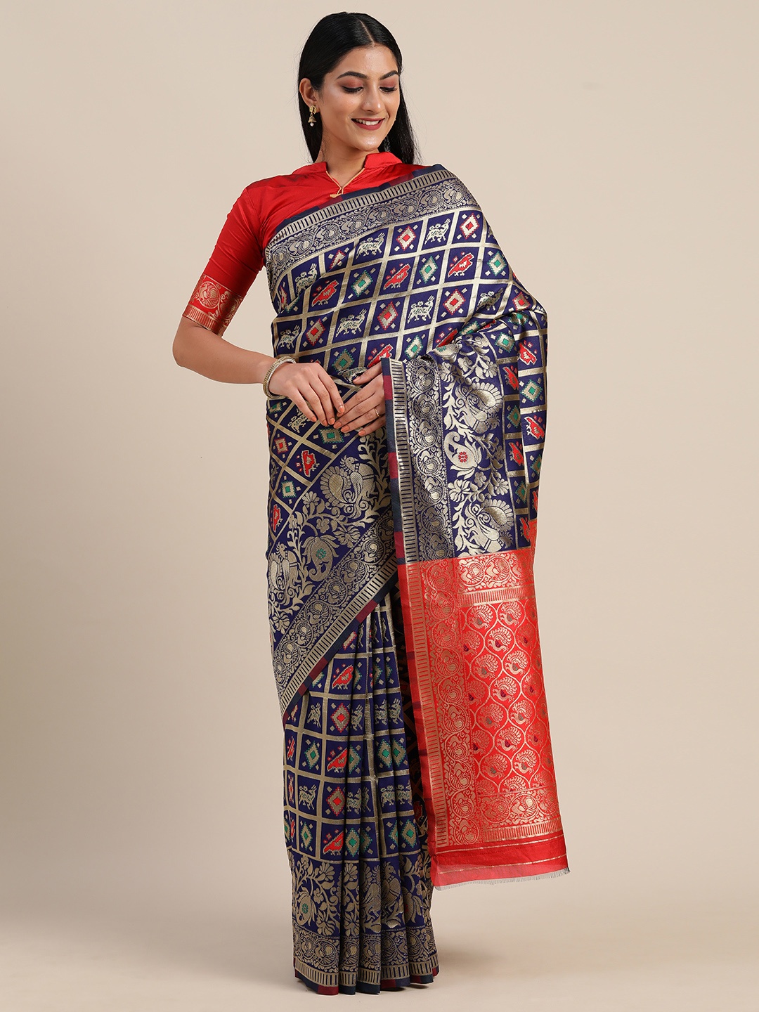 

Mitera Navy Blue & Red Silk Blend Checked Kanjeevaram Saree