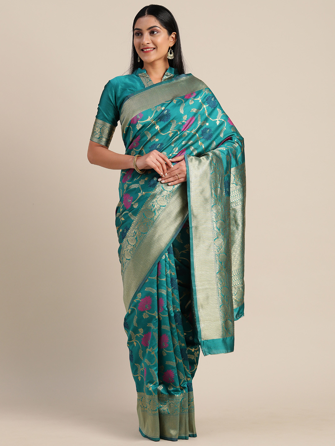 

Mitera Teal Green & Golden Silk Blend Woven Design Kanjeevaram Saree