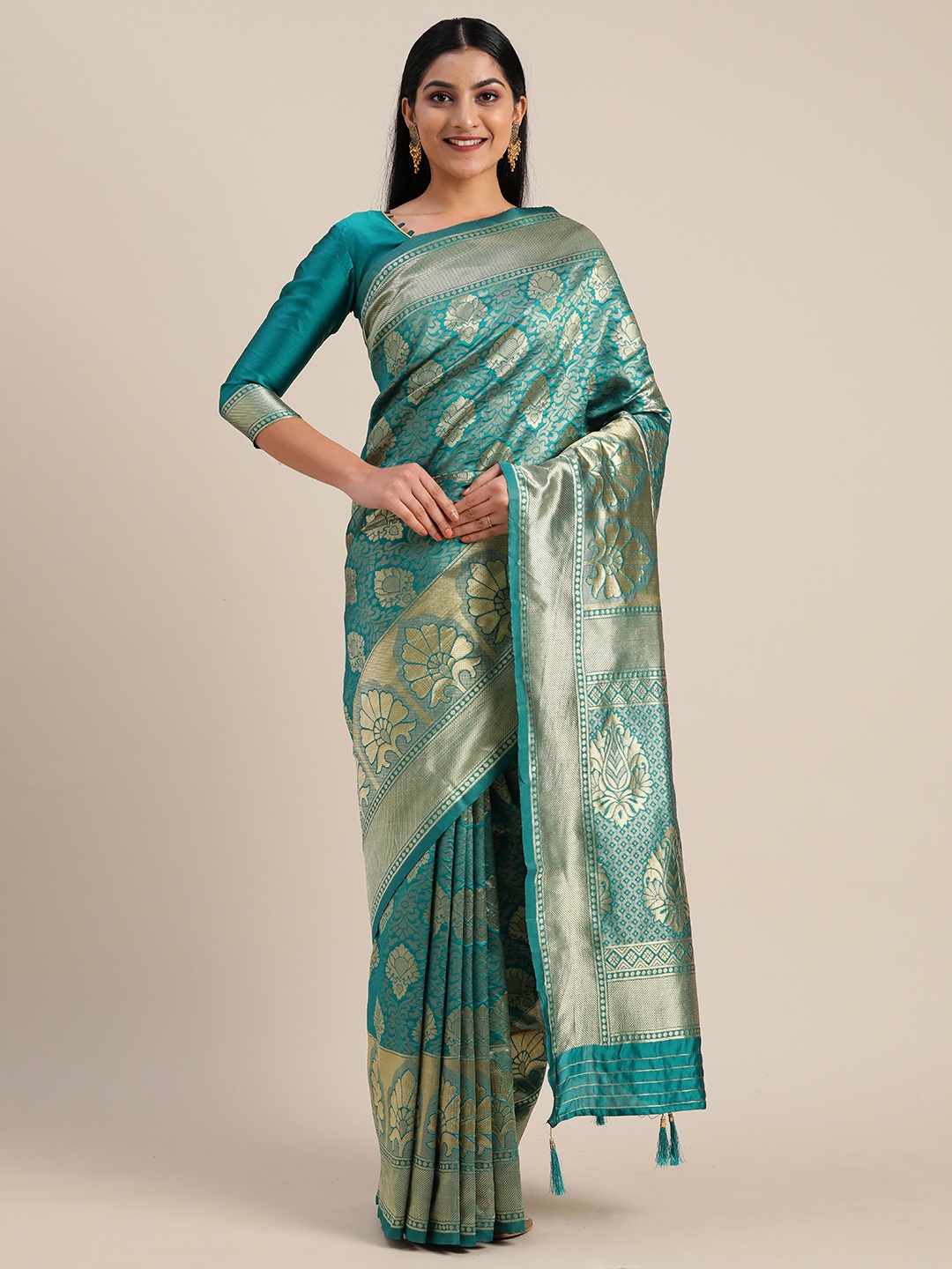 

Mitera Teal Green & Gold-Toned Silk Blend Woven Design Kanjeevaram Saree