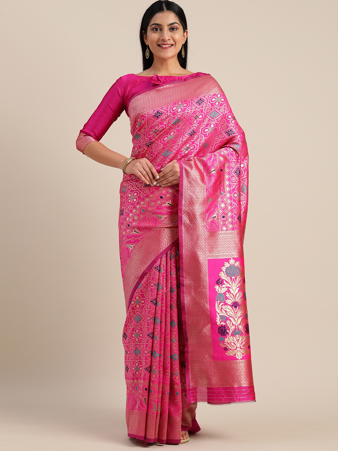 

Mitera Pink Silk Blend Woven Design Kanjeevaram Saree