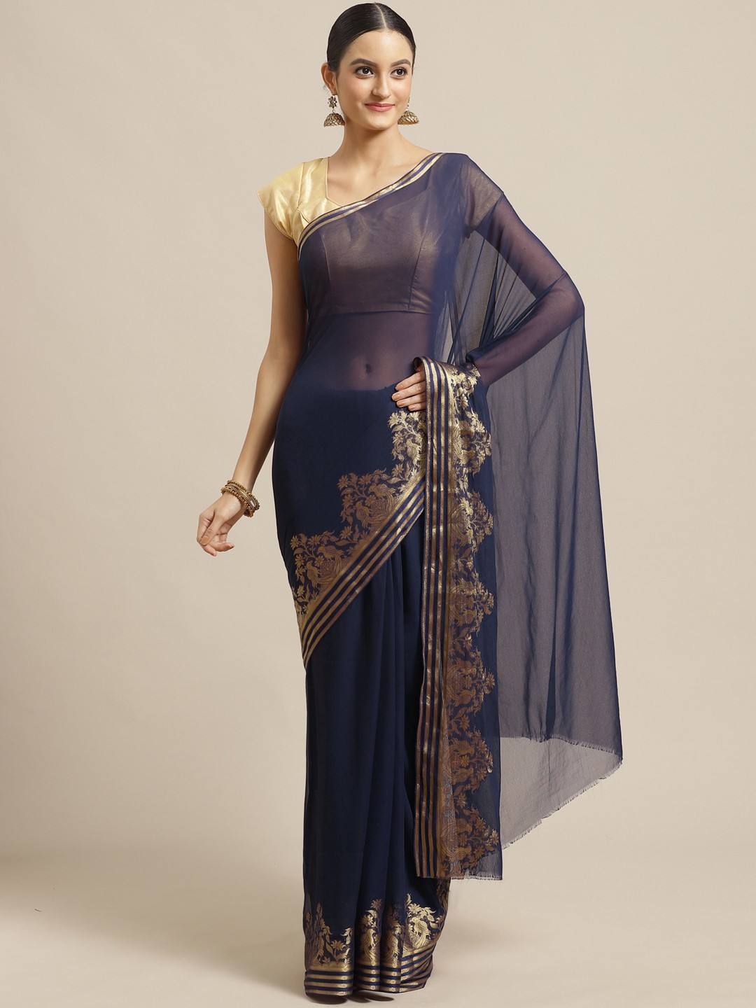 

Saree mall Navy Blue & Golden Solid Saree