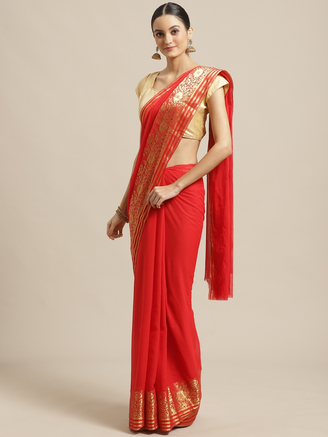 

Saree mall Red & Golden Solid Saree