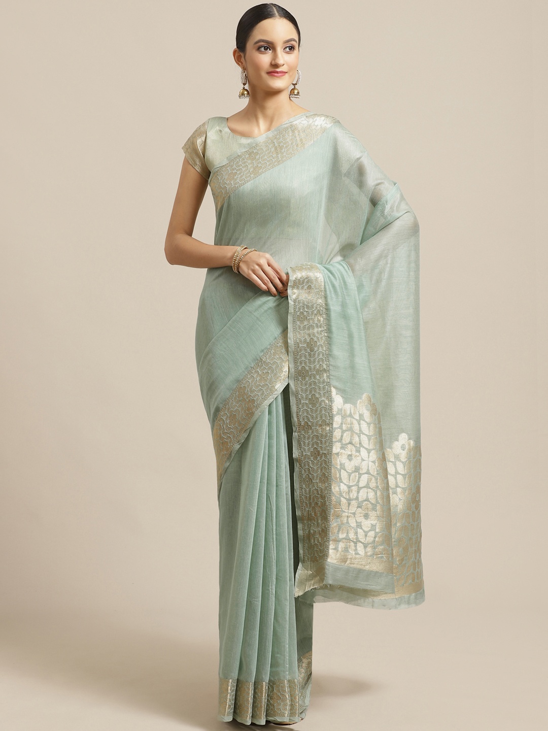 

Saree mall Sea Green & Golden Solid Saree