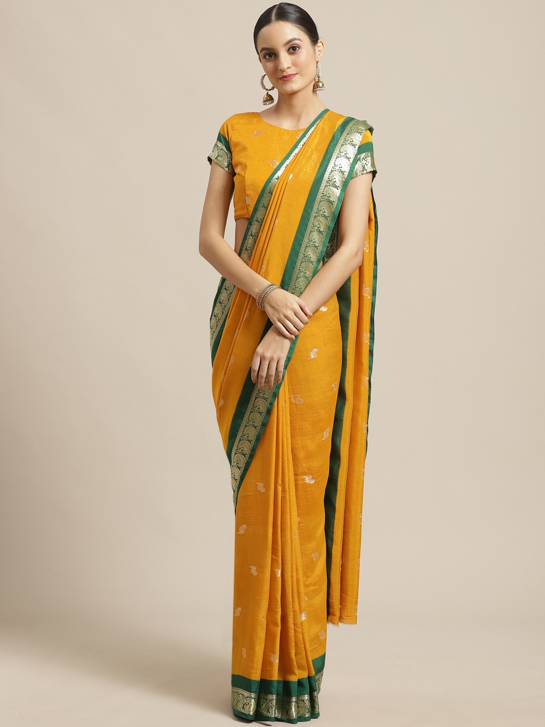 

Saree mall Mustard Yellow & Golden Woven Design Saree