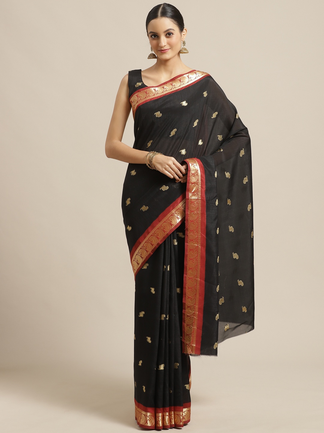 

Saree mall Black & Golden Woven Design Saree