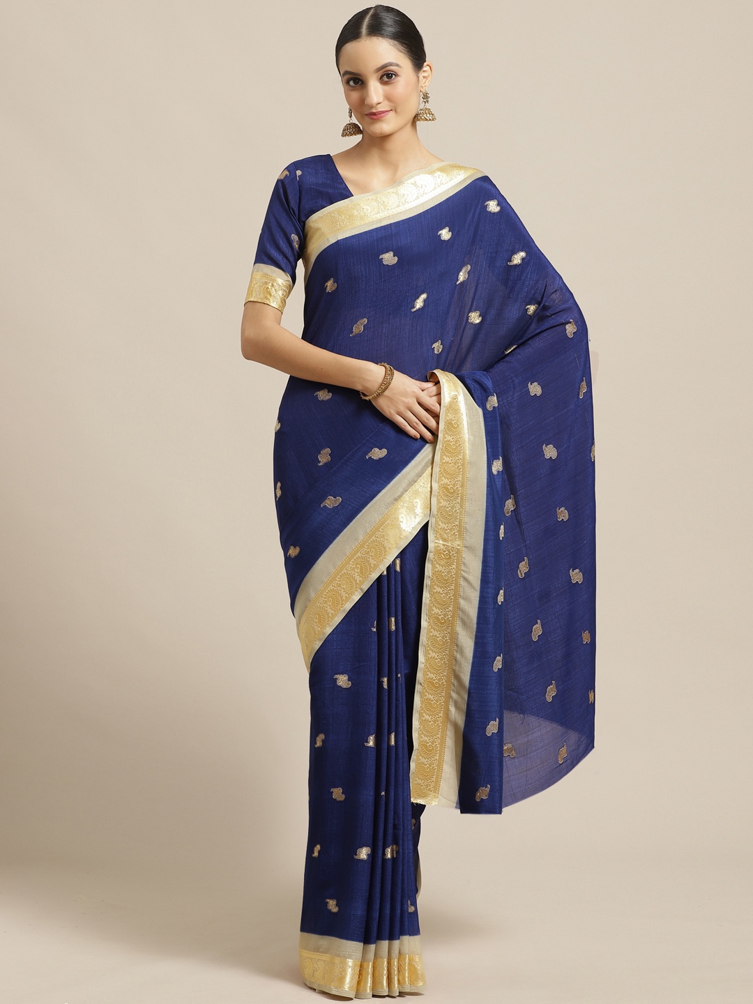 

Saree mall Navy Blue & Golden Woven Design Saree