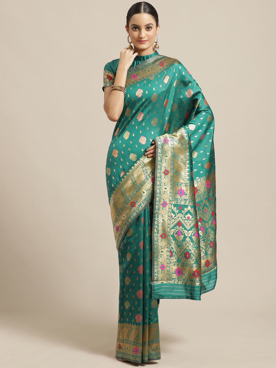 

Saree mall Teal Green & Golden Woven Design Banarasi Saree