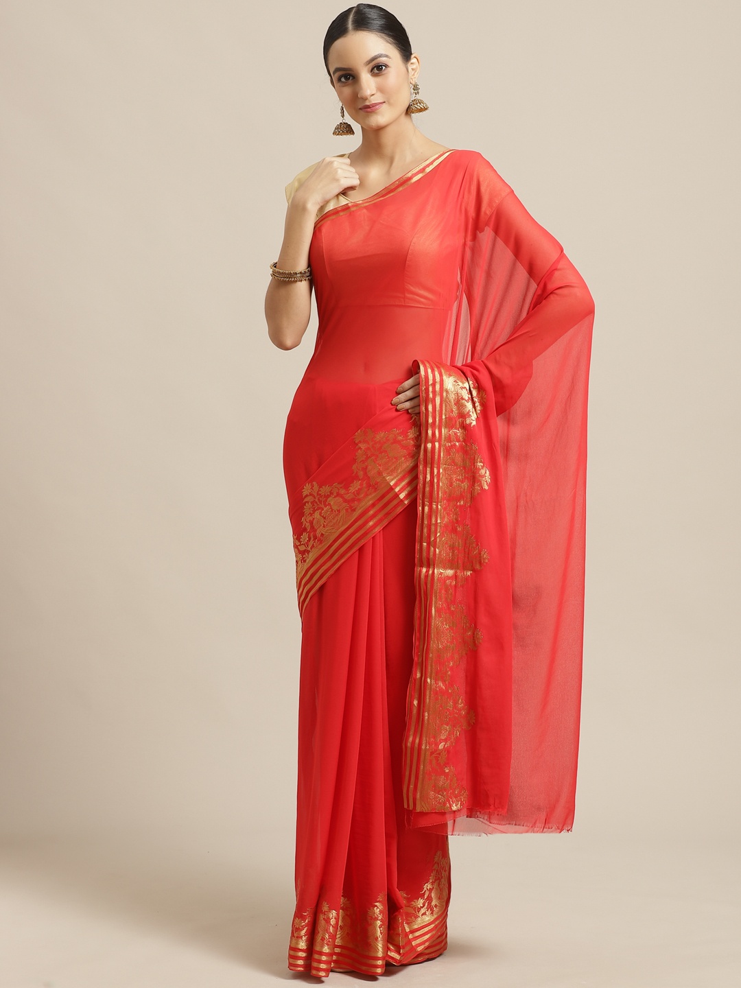 

Saree mall Red & Golden Solid Saree