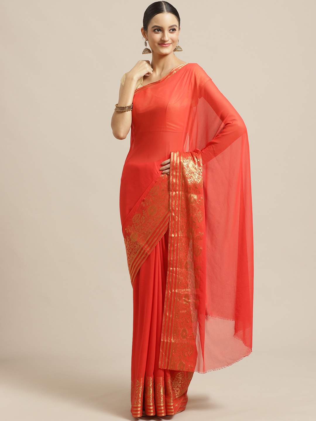

Saree mall Coral Orange & Golden Solid Saree
