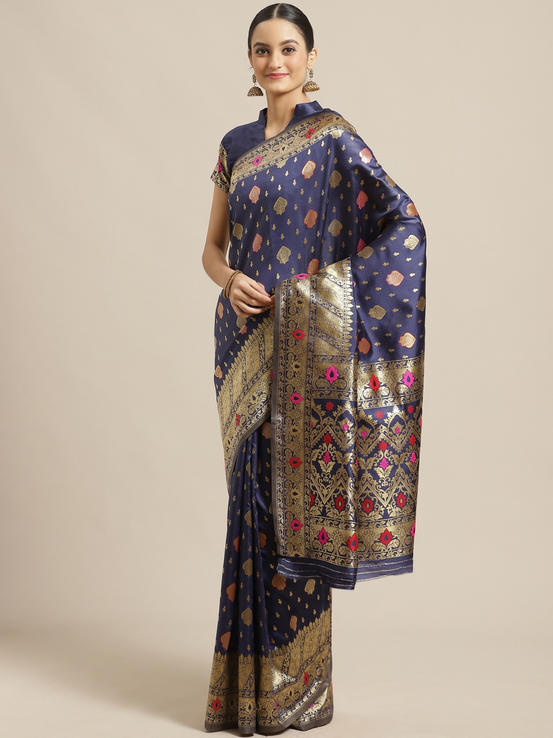 

Saree mall Navy Blue & Golden Woven Design Banarasi Saree
