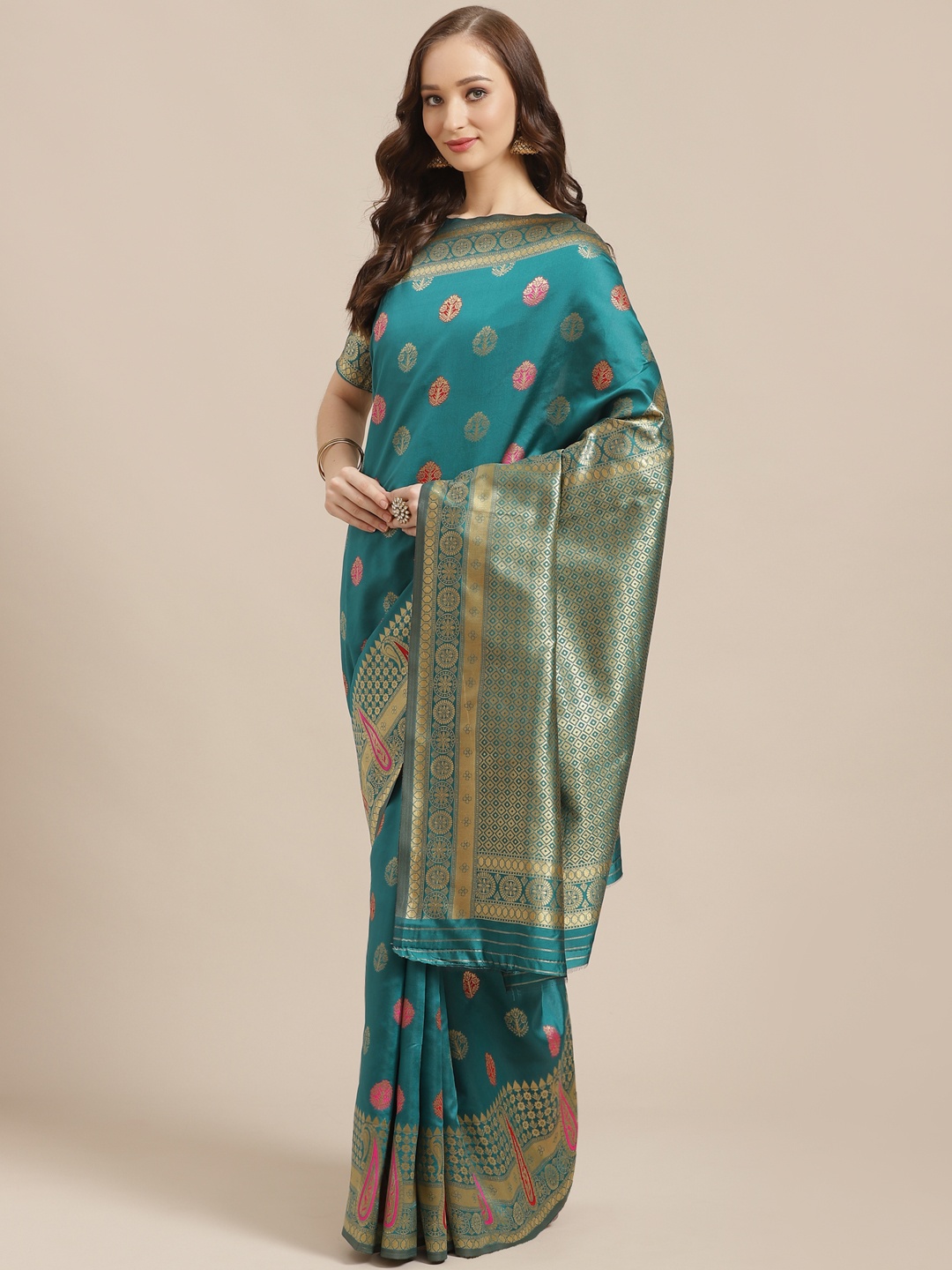 

Saree mall Teal Green & Golden Woven Design Banarasi Saree