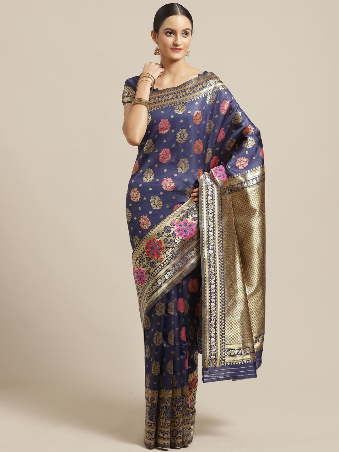 

Saree mall Navy Blue & Golden Woven Design Banarasi Saree