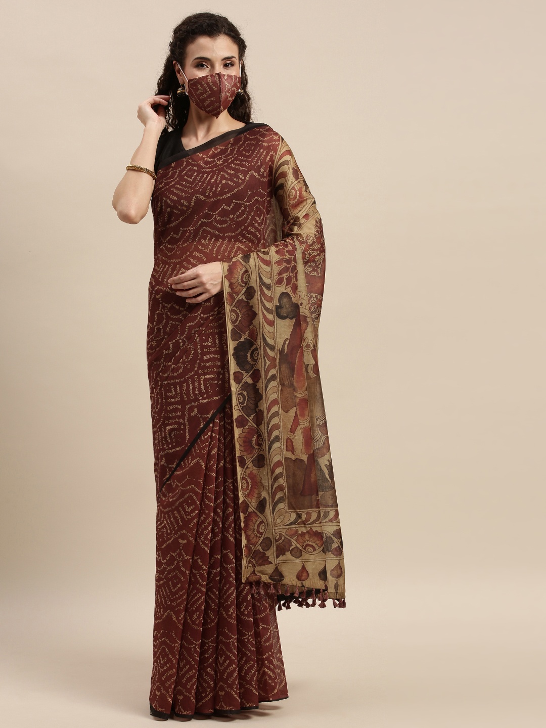 

aamna Red & Beige Silk Cotton Printed Bandhani Saree
