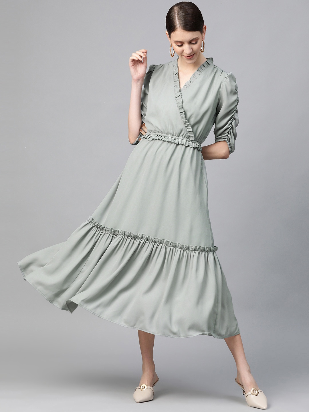 

plusS Women Grey Solid Frilled Tiered Wrap Dress