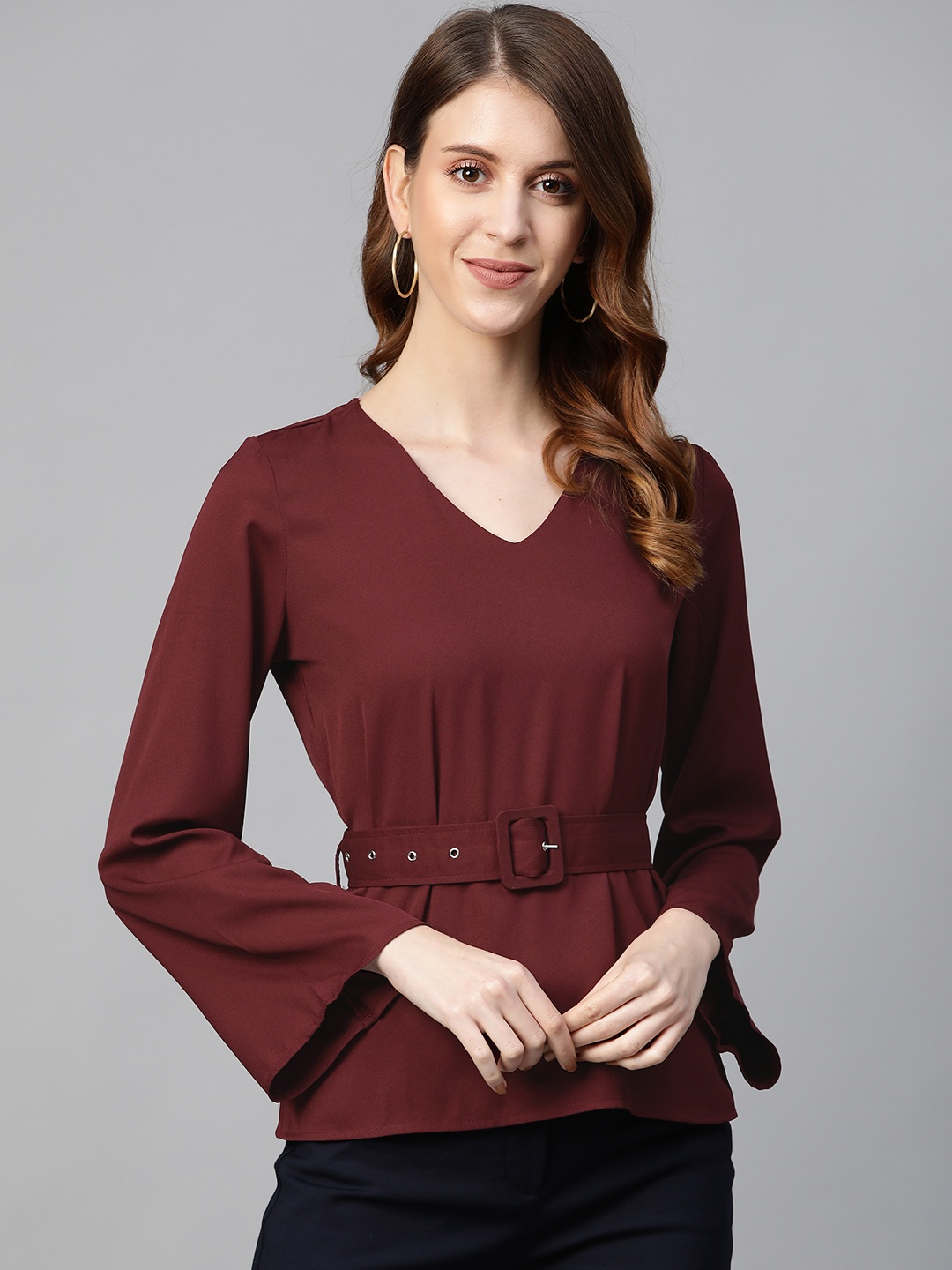 

plusS Women Burgundy Solid Cinched Waist Top