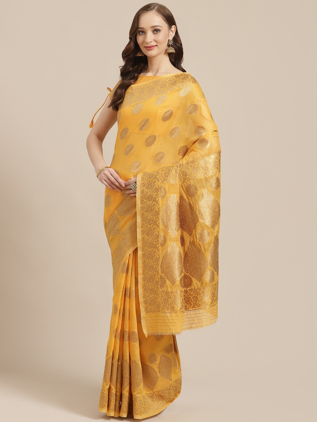 

Saree mall Mustard Yellow & Golden Woven Design Saree