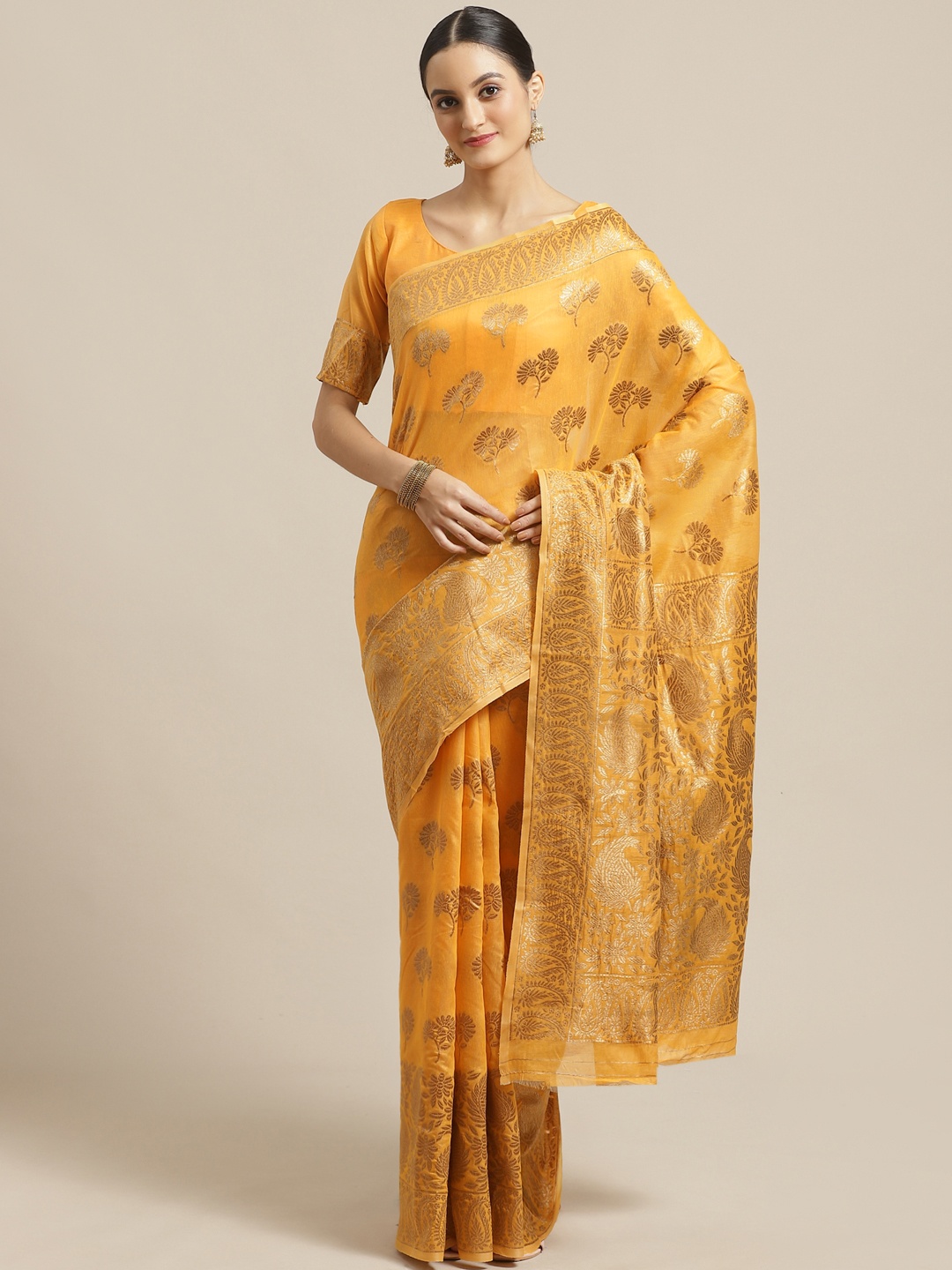 

Saree mall Mustard Yellow & Golden Woven Design Saree