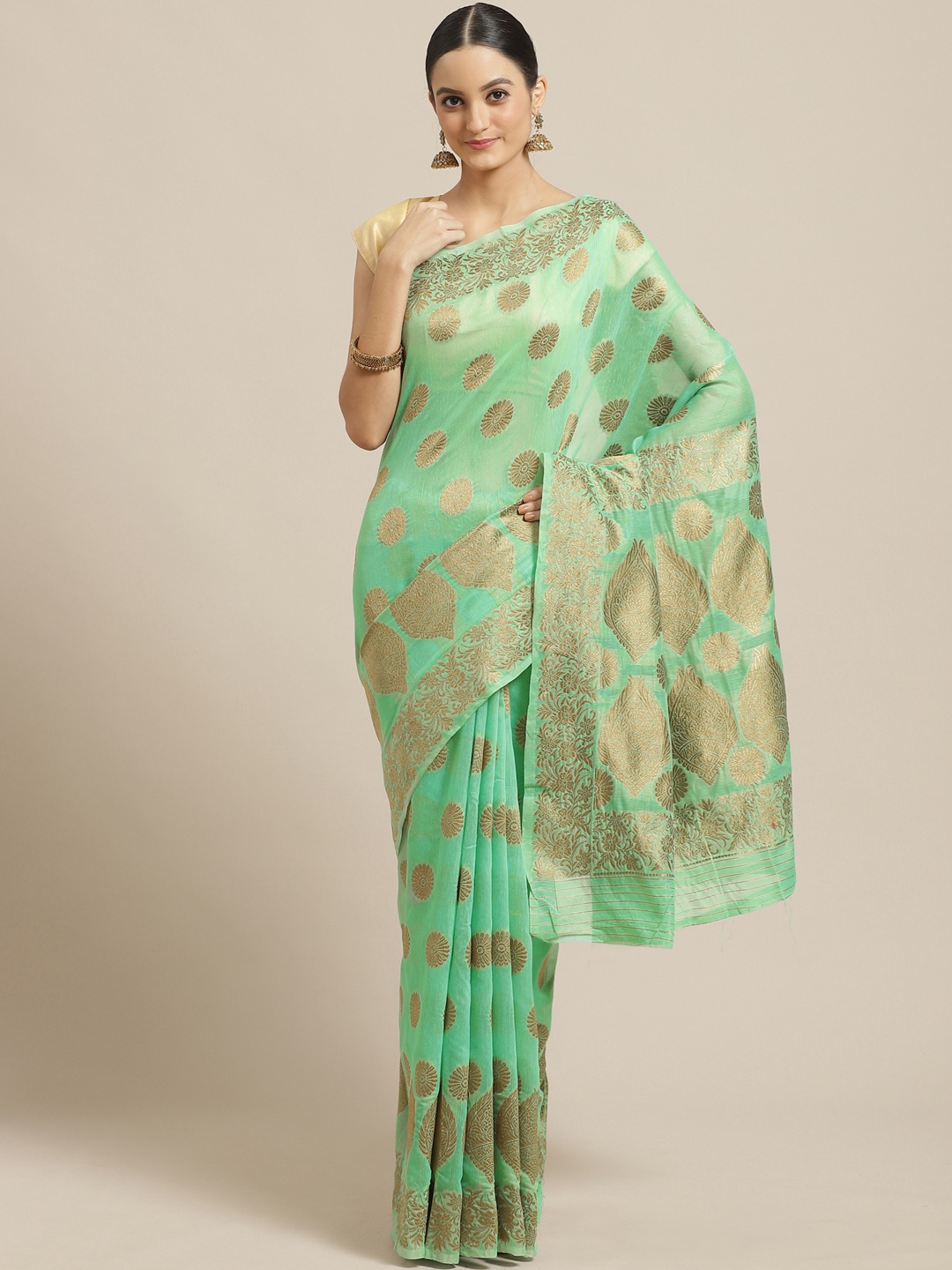 

Saree mall Sea Green & Golden Ethnic Woven Design Saree