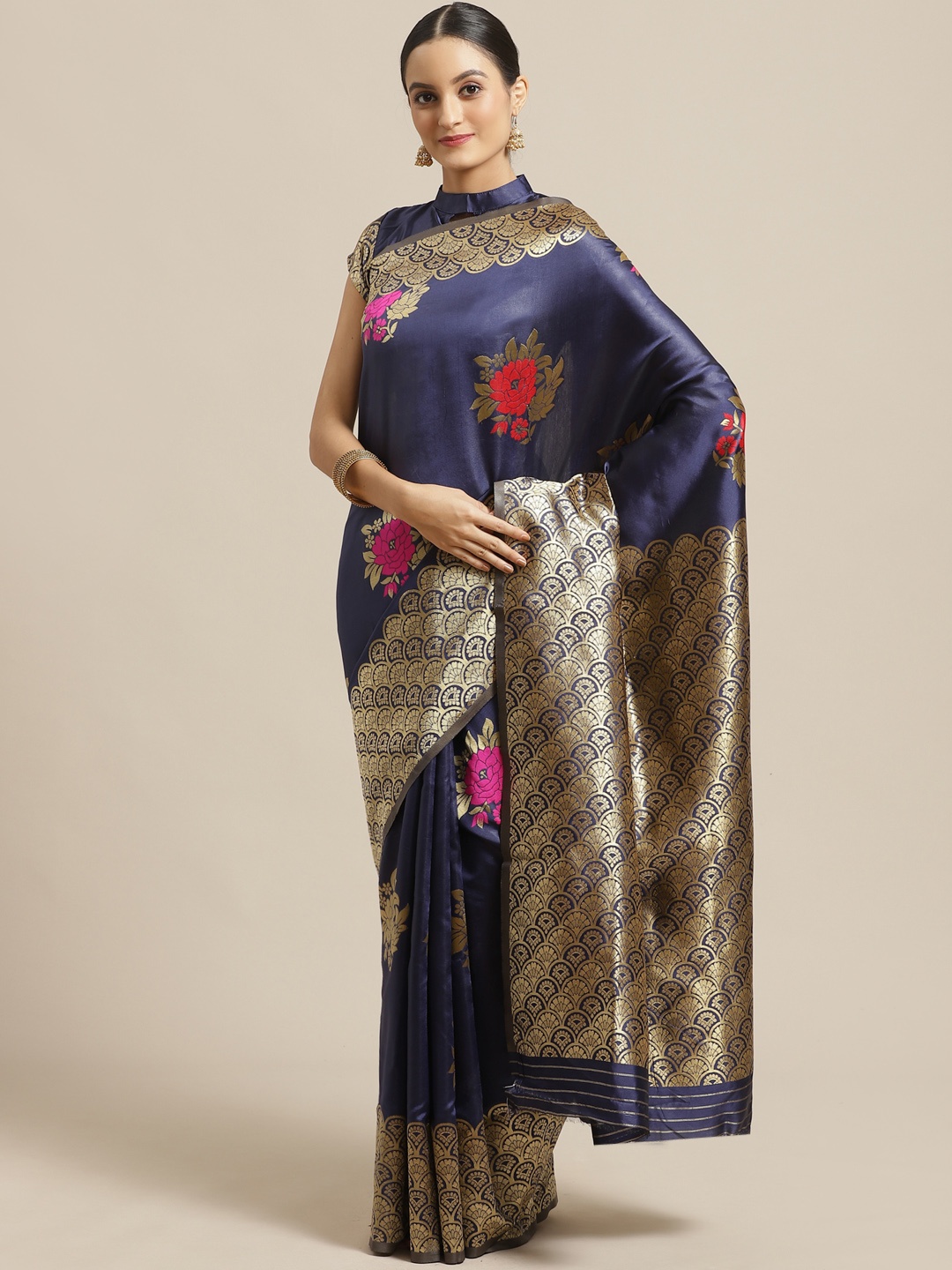 

Saree mall Navy Blue & Golden Woven Design Banarasi Saree