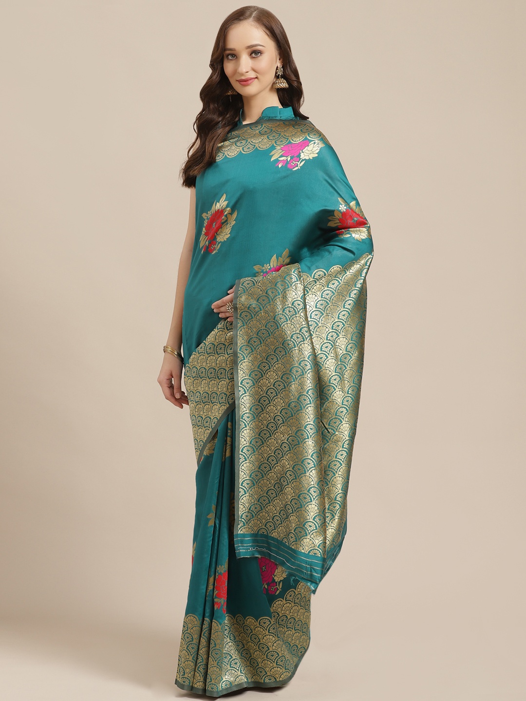 

Saree mall Teal Green & Golden Floral Woven Design Banarasi Saree