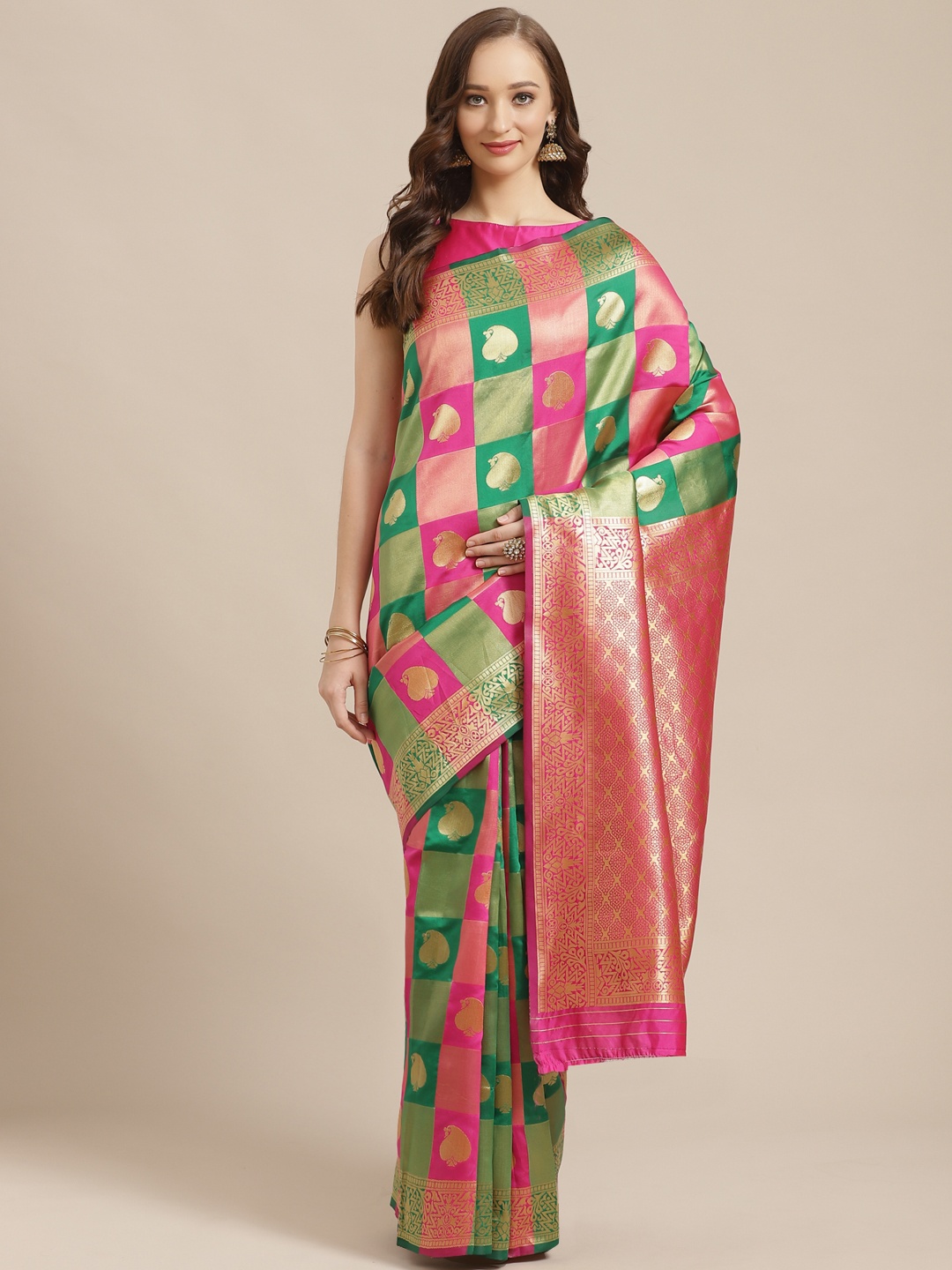 

Saree mall Green & Pink Woven Design Banarasi Saree