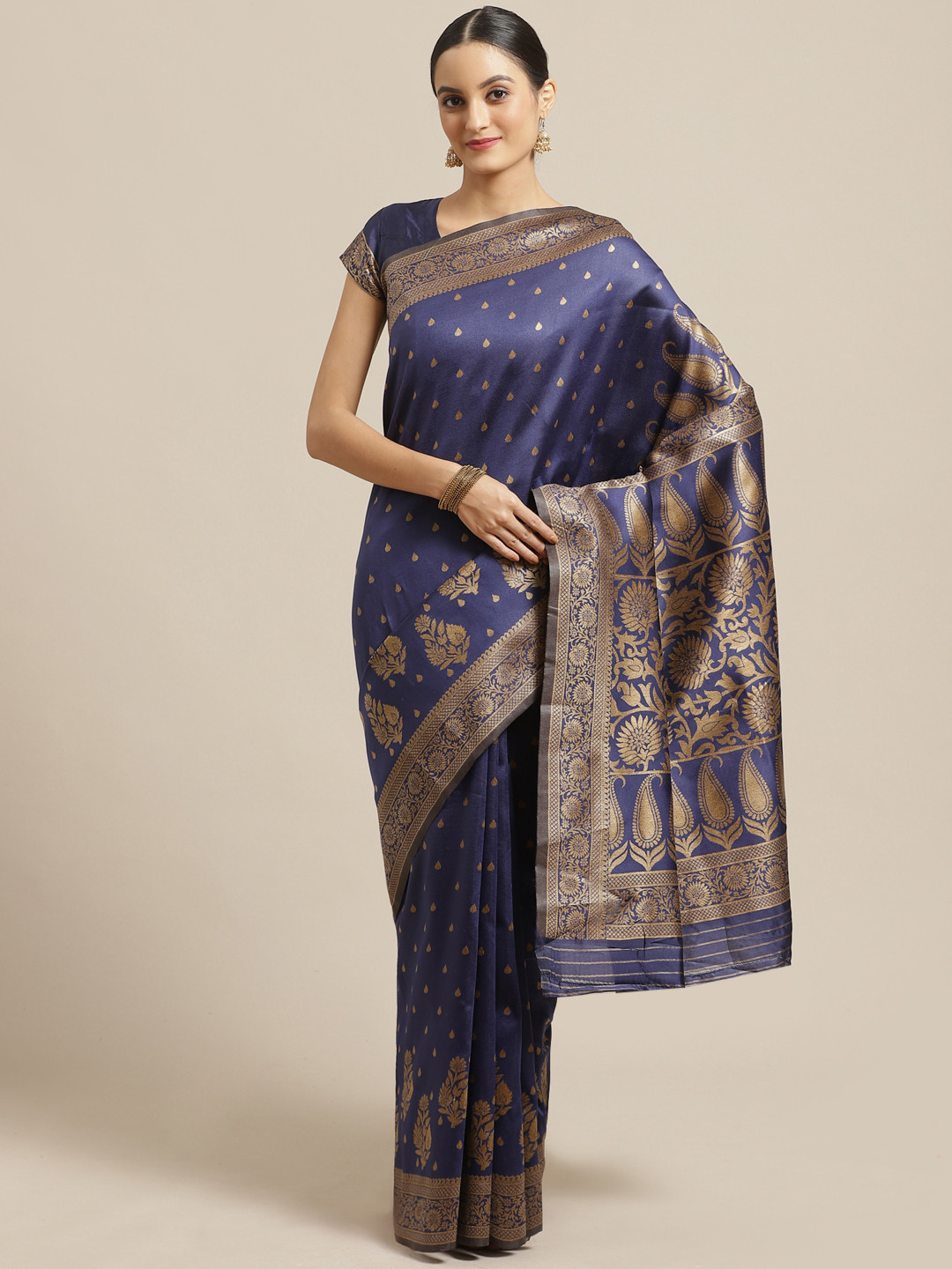 

Saree mall Navy Blue & Golden Woven Design Banarasi Saree